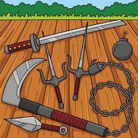 Ninja Weapons Colored Cartoon Illustration vector
