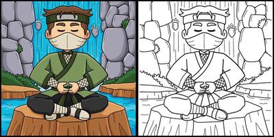 Ninja Meditation Coloring Colored Illustration vector