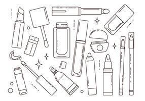 Lineart of various lipstick set. Collection of stickers lip color, balm, gloss, cosmetics vector