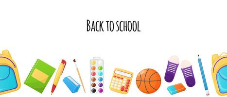 Seamless border with cartoon school elements. Back to school banner concept vector