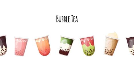 Seamless border with bubble tea. Soft drinks banner template isolated on white background vector