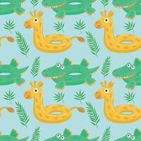 Seamless pattern with green inflatable crocodile and yellow giraffe. A float for the pool. Inflatable colorful crocodiles and giraffes. A swimming circle. template for your summer beach design vector
