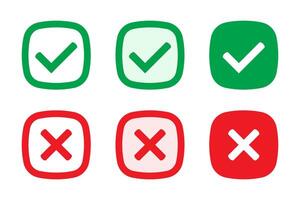 Right or wrong icons. Green tick and red cross checkmarks. Yes or no symbol, approved or rejected icon for user interface. vector