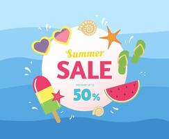 Summer Sale banner or flyer design template with different items such as ice cream, watermelon, strafish, flip flops and sunglasses on blue waved background. Discount up to 50 vector