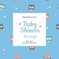 Baby Shower invitation design template. It's a Boy Card with little owls and stars pattern on blue background vector