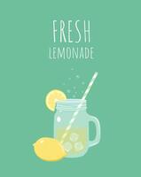 Lemonade in jar with lemon and lemon slice illustration. Fresh cold summer drink vector