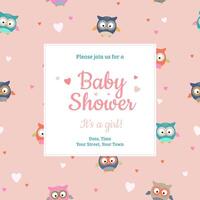 Baby Shower invitation design template. It's a girl card with little owls and hearts pattern on background vector