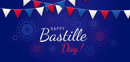 Happy Bastille day greeting card or banner design with text and fireworks illustration, with flags on blue dark background vector