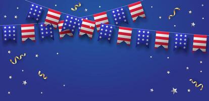 Independence Day blue background with bunting flags and confetti. USA national holiday celebration. Illustration for banner vector