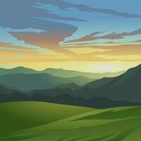 Sunrise over mountain with green field. vector