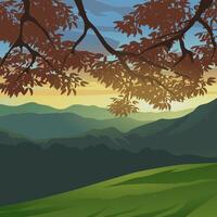 Sunrise over mountain with hanging tree branches. vector