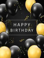 Happy Birthday greeting flyer design template with black and yellow balloons and golden confetti on black background vector