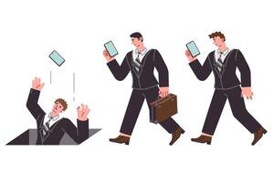 Man using phone falls into hole, suffering due to ignorance or digital addiction vector