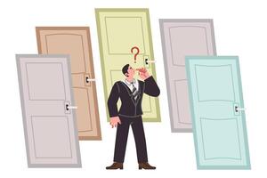 Business man makes difficult decision while standing at crossroads near different doors vector