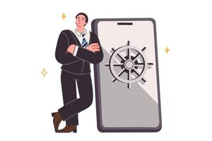 Business man near phone with safe on display for storing passwords for accounts and deposits vector
