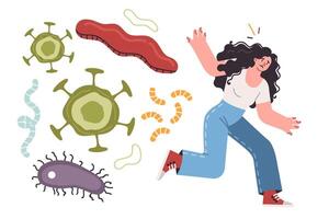 Bacteria and viruses or germs chase running woman who wants to protect herself from flu outbreak vector