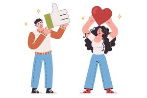 Symbols social approval in hands man and woman thanking blogger, showing heart and thumbs up icons vector