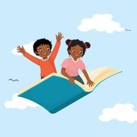 linda africano colegio niños volador en un grande abierto libro en el azul cielo vector