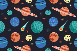 Seamless pattern with planets and stars. Space in flat cartoon style. Universe illustrations. Celestial bodies like Saturn, Jupiter, Mars. Astronomy educational materials for kids vector