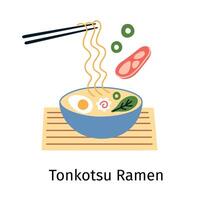 illustration of a bowl of tonkotsu ramen on a bamboo mat, with green onions and meat broth. Doodle style, flat cartoon image for Asian cuisine and japanese fast food, chopsticks with noodles vector