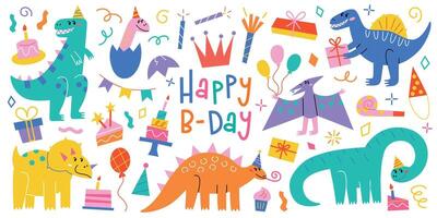 Cute dinosaur birthday set, illustration of happy party, collection with cake, gifts, balloons, and hats. Flat cartoon style, colorful doodles, playful characters, festive celebration elements vector