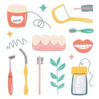 illustration set of dental care products for cleaning interdental spaces. Dental floss, interdental brushes, toothpicks, and tooth icons. Doodle style, flat cartoon images for teeth hygiene vector