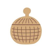 Woven box icon, illustration of small wicker container for home interior, storage organizer, rattan jewelry box, handmade decorative element, retro style, isolated colored clipart vector