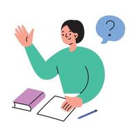 illustration of a student girl raising her hand at a desk in a classroom. Flat, cartoon style, education and learning concept, student participation, learning environment vector