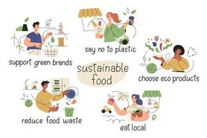 People practicing sustainable food habits, illustrations set. Buying eco-friendly products at the supermarket, local farmers market. Using reusable bags, living zero waste, eating green natural foods vector