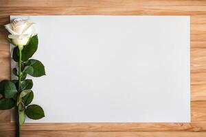 The mockup of beautiful paper with an elegant flower arrangement showcases a stunning combination of artistry and nature. photo