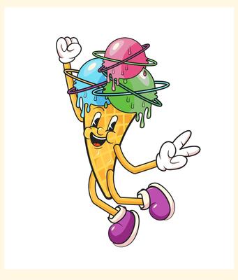 Ice cream waffle cone groovy character. Trendy Isolated cosmic summer dessert personage. Funny positive mascot wearing wide funky smile, exuding chill vibes and retro nostalgic charm. Sticker or logo