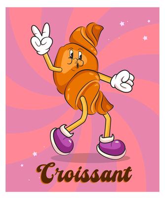 cartoon retro mascot peace croissant. Vintage style 70s, 60s character. Colorful Groovy poster for bakery and cafe. Trendy food illustration