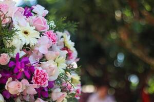 background of beautifully arranged flower and bright colors is backdrop for flower in beautifully arranged garden at flower festival. Beautiful colorful background with Copy Space for inserting text. photo