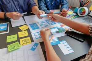 mobile application development team is studying and designing ux ui system to display and color in application on smartphone to work efficiently and not cause the ux ui system to have any errors. photo
