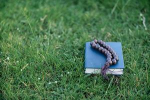 Bible lies on the grass after praying to God which is religious ritual of Christianity and belief in the teachings of God. The concept of praying to God with the teachings of the Bible and the cross. photo