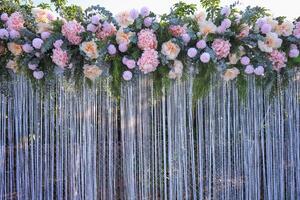 backdrop of beautifully arranged flower and bright colors is backdrop for flower in beautifully arranged garden at flower festival. Beautiful colorful background with Copy Space for inserting text. photo