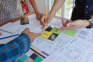 mobile application development team is studying and designing ux ui system to display and color in application on smartphone to work efficiently and not cause the ux ui system to have any errors. photo