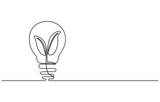 Continuous single line drawing of Light bulb with leaf on white background, vector
