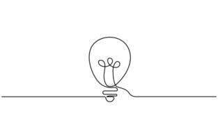 Continuous single line drawing of Light bulb with leaf on white background, vector
