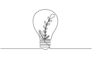 Continuous single line drawing of Light bulb with leaf on white background, vector