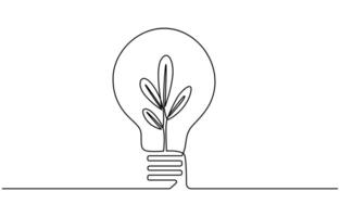 Continuous single line drawing of Light bulb with leaf on white background, vector