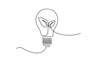 Continuous single line drawing of Light bulb with leaf on white background, vector