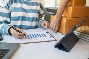 small SME entrepreneur has examined sales and profits after investing in SME business through online system and delivering products according orders summarize results and profits of this investment. photo