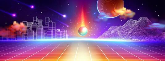Wireframe background of laser cyberspace. Abstract arena with planets,stars and comets. lllustration of futuristic space landscape with city, mountains and clouds. Futuristic hi tech HUD element vector