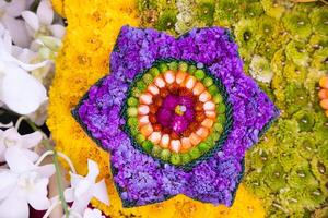 backdrop of beautifully arranged flower and bright colors is backdrop for flower in beautifully arranged garden at flower festival. Beautiful colorful background with Copy Space for inserting text. photo