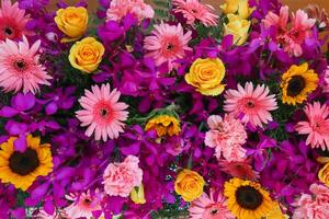 backdrop of beautifully arranged flower and bright colors is backdrop for flower in beautifully arranged garden at flower festival. Beautiful colorful background with Copy Space for inserting text. photo