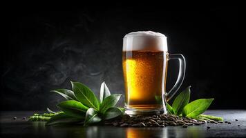 beer glass with foam and leaves on dark background photo