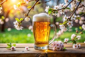 beer in a glass on a wooden table with blossoming trees photo