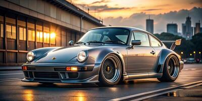 a porsche 911 carrera parked on the street at sunset photo