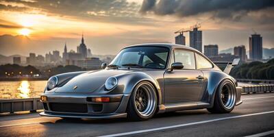 a porsche 911 carrera parked on the road at sunset photo